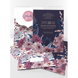 Προσκλητήριο Γάμου Floral Exotic Blue Dark