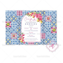 Προσκλητήριο Βάπτισης Για Κορίτσι Mediterranean Tiles Και Λεμόνια TS1915