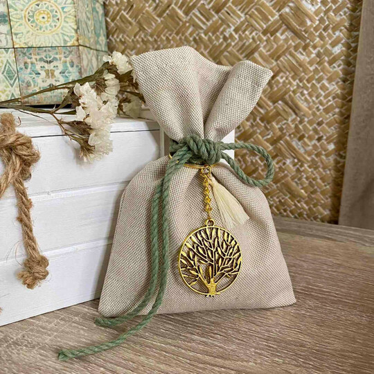 Μπομπονιέρα Γάμου Πουγκί Με Μπρελόκ Δέντρο Της Ζωής