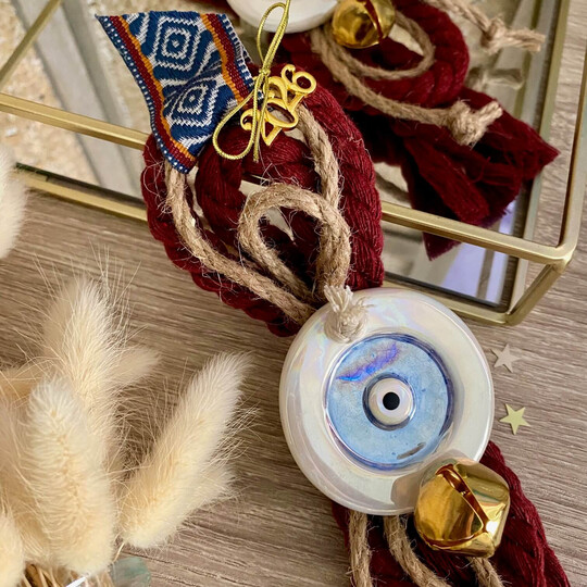 Γούρι 2026  Κεραμικό Μάτι Γαλάζιο Με Μπορντό Κορδόνι