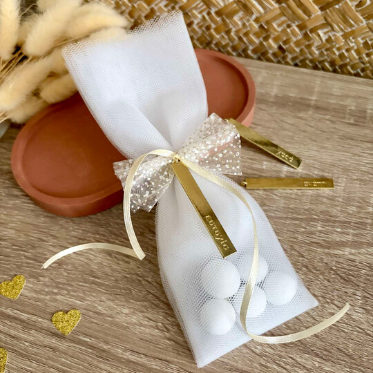 Μπομπονιέρα Γάμου Τούλι Με Μεταλλική Μπάρα Με Ευχές