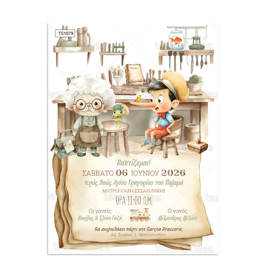 Προσκλητήριο Βάπτισης Για Αγόρι Pinocchio 1079