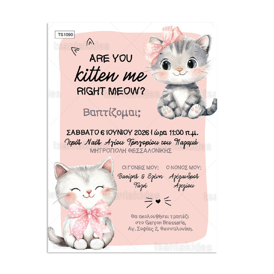 Προσκλητήριο Βάπτισης Για Κορίτσι Fluffy Kitty 1090
