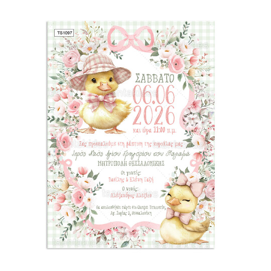 Προσκλητήριο Βάπτισης Για Κορίτσι Cute Ducklings 1097