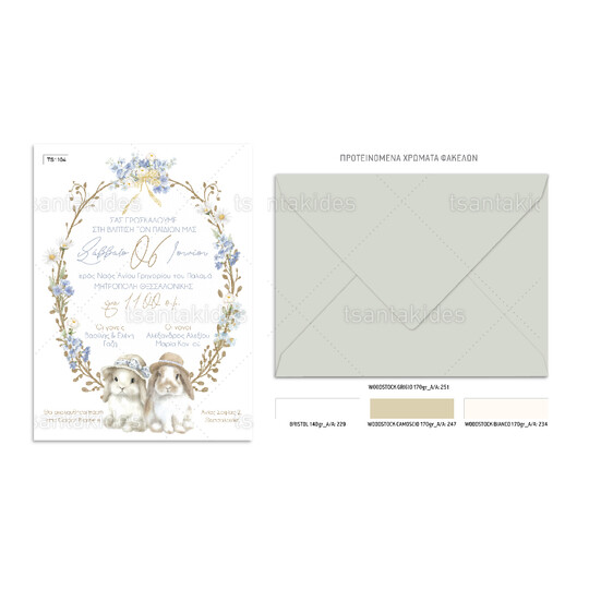 Προσκλητήριο Βάπτισης Για Δίδυμα Cute Bunnies 1104