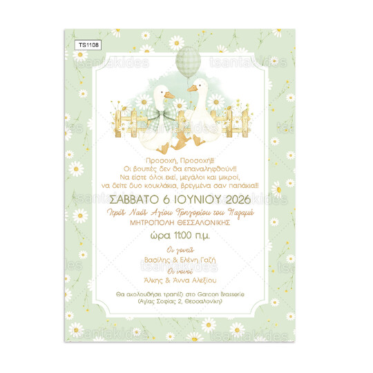 Προσκλητήριο Βάπτισης Για Δίδυμα Silly Geese 1108