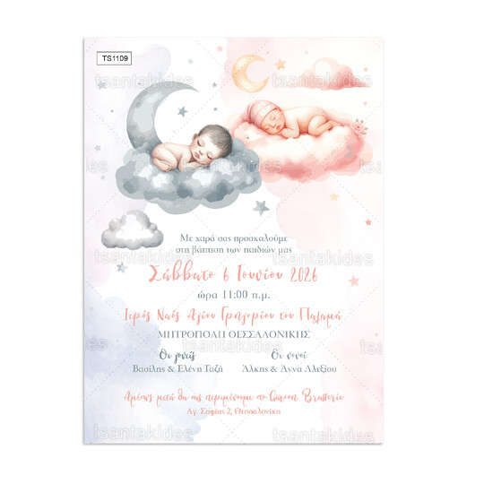 Προσκλητήριο Βάπτισης Για Δίδυμα Sweet Newborns 1109